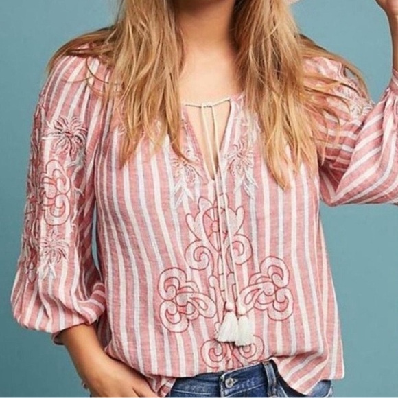 Anthropologie Linen Blend Puff Sleeve Blouse Boho Coastal - Picture 1 of 11